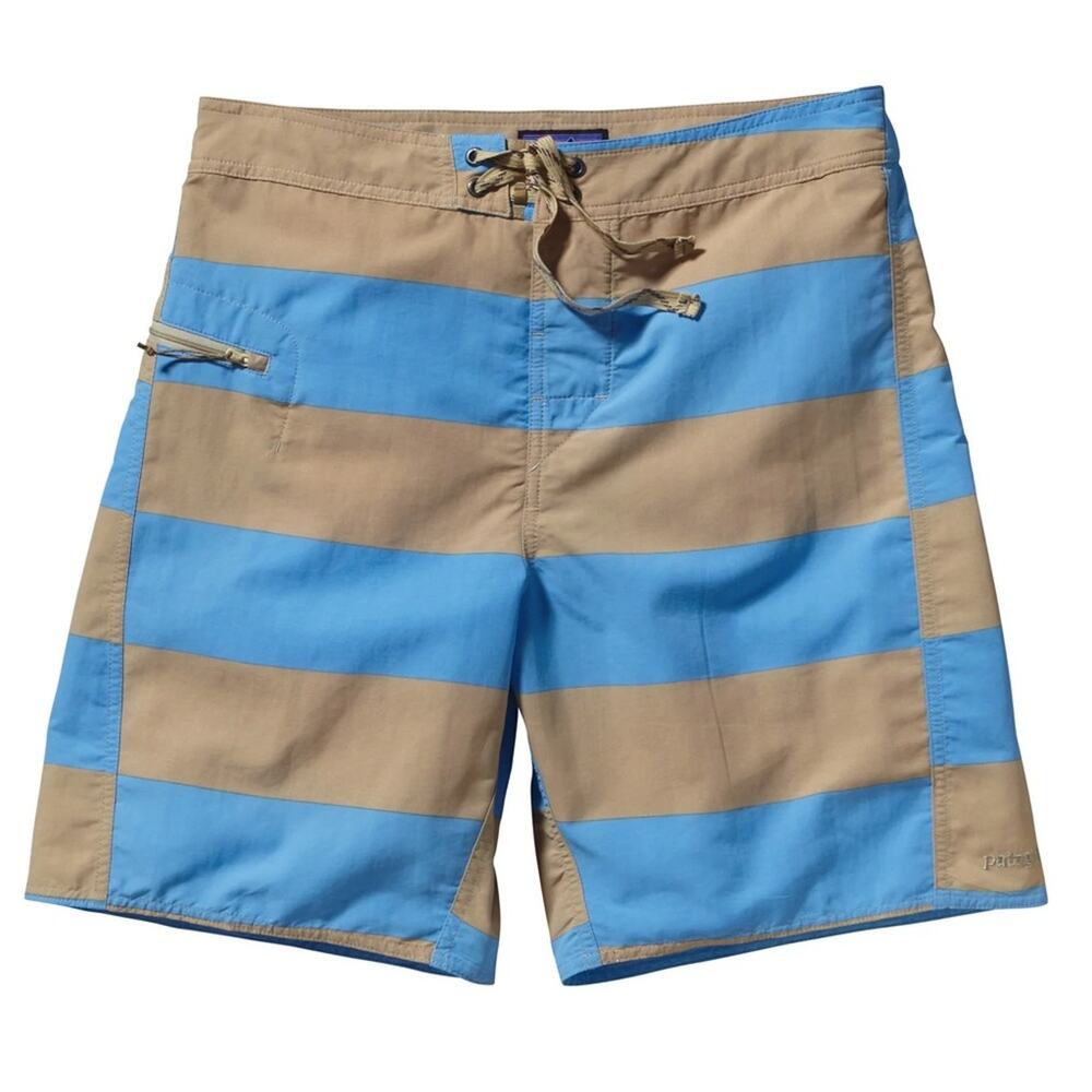 Patagonia Minimalist Wavefarer Board Shorts Blue Tan Striped Pattern Size 33